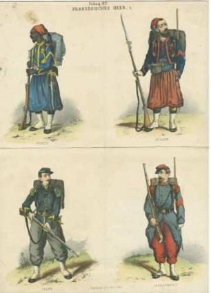 Einzelaufnahmen in Halbprofil französischer bzw. französischer Kolonialtruppen; Turcosoldat (aus Maghrebinischen Staaten), Zoavesoldat (?), Jäger, Infanterist jeweils stehend in Uniform