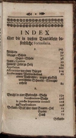 Index über die in diesem Tractätlein befindliche Formularia.