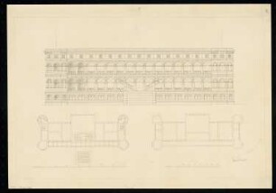 Kaffeehaus am Wasser, Berlin Monatskonkurrenz April 1834: Grundriss Erdgeschoss (?), 1. Obergeschoss, Aufriss; 2 Maßstabsleisten