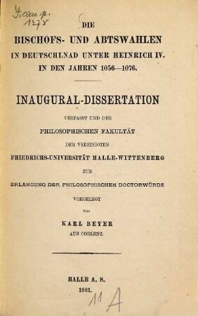 Die Bischofs- und Abtswahlen in Deutschland unter Heinrich IV. in den Jahren 1056 - 1076