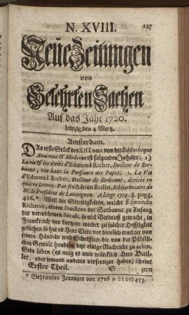 N. XVIII. Leipzig, den 4 Mertz. - N. XXV. Leipzig, den 28 Mertz.
