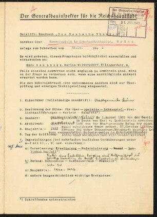 Kammerspiele, Brünn: Fragebogen für das Handbuch »Das Deutsche Theater«, vierseitiges Dokument