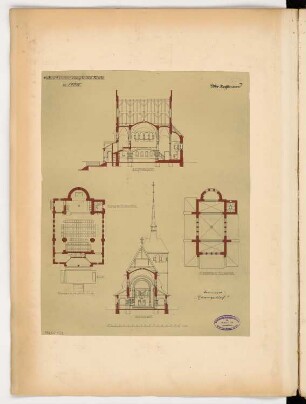 Evangelische Kirche, Prüm Monatskonkurrenz Juli 1893: Grundriss Erdgeschoss, Emporengeschoss, Längsschnitt Querschnitt; Maßstabsleiste