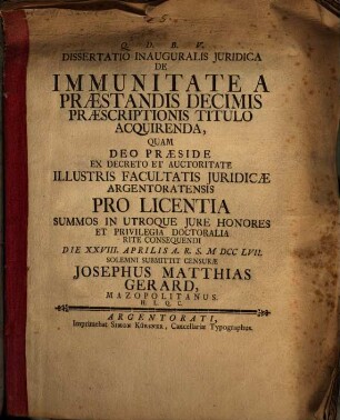Diss. inaug. iur. de immunitate a praestandis decimis praescriptionis titulo acquirenda