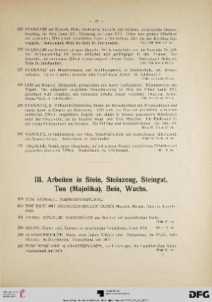 III. Arbeiten in Stein, Steinzeug, Steingut, Ton (Majolika), Bein, Wachs (Nr. 232-305)