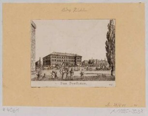 Das Königliche Postgebäude auf dem Postplatz (ehem. Wilsdruffer Platz), an der Nordseite des Antonplatzes, Blick nach Südwesten, Ausschnitt aus einem Erinnerungsblatt an Dresden mit 2 großen und 16 kleinen Stadtansichten