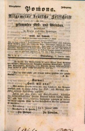Pomona : allg. deutsche Zeitschr. für d. gesamten Obst- u. Weinbau ; als Centralblatt d. Pomologie umfassend d. Kenntnis, Erziehung, Pflege u. Benutzung d. Obstpflanzen u. ihrer Früchte. 14. 1865