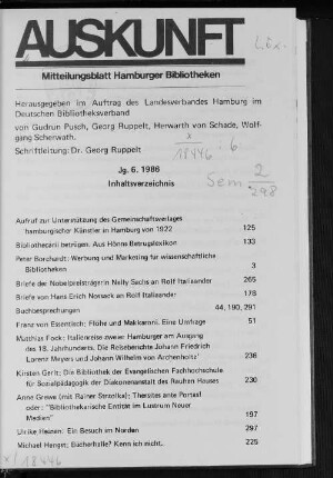 6.1986: Auskunft : Zeitschrift für Bibliothek, Archiv und Information in Norddeutschland