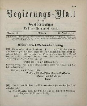 87. Ministerial-Bekanntmachung, betreffend die Verlegung des Wahltages für die Wahlen zur fünften ordentlichen Landes-Synode