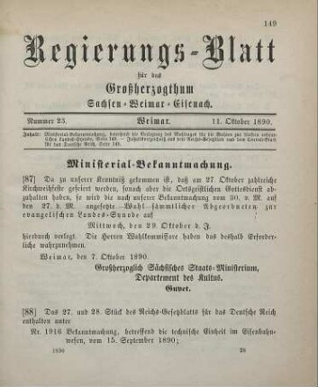 87. Ministerial-Bekanntmachung, betreffend die Verlegung des Wahltages für die Wahlen zur fünften ordentlichen Landes-Synode