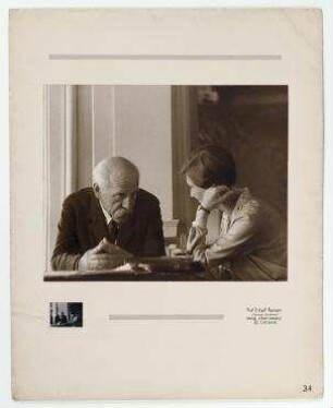 Prof. Fridtjof Nansen im Interview mit einer Journalistin in Genf. links: Fridtjof Nansen, rechts: Miss Round (Journalistin)