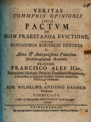 Veritas Commvnis Opinionis Circa Pactvm De Non Praestanda Evictione, Contra Novissimos Boehmeri Errores