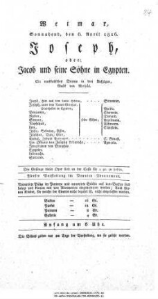 Joseph, oder: Jacob und seine Söhne in Egypten