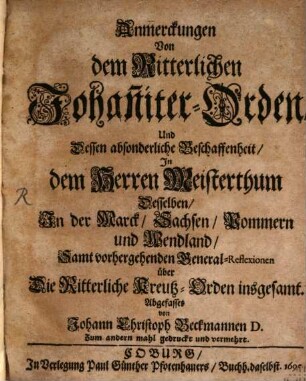 Anmerkungen von dem Ritterlichen Johanniter-Orden