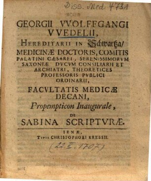 Georgii VVolffgangi VVedelii ... Propempticon Inaugurale, De Sabina Scriptvrae
