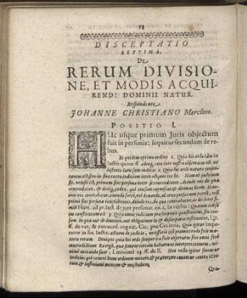 Disceptatio Septima. De Rerum Divisione, Et Modis Acquirendi Dominii Natur.