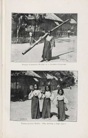 Woman carrying water in a bamboo cylinder. Three little maids. ...