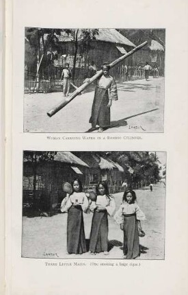 Woman carrying water in a bamboo cylinder. Three little maids. ...