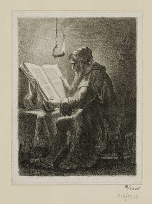 Alter Mann bei Lampenlicht lesend