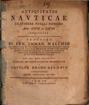 Antiqvitates Navticae Ex Itinere Pavlli Romano Actor XXVII et XXVIII Collectae
