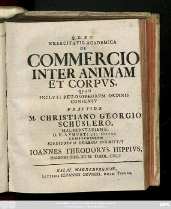 Exercitatio Academica De Commercio Inter Animam Et Corpvs
