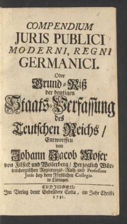 Compendium Iuris Publici Moderni, Regni Germanici. Oder Grund-Riß der heutigen Staats-Verfassung des Teutschen Reichs