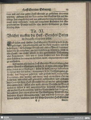Tit. XI. Welcher massen die Hoff-Gerichts Boten die Processe exequiren sollen