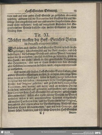Tit. XI. Welcher massen die Hoff-Gerichts Boten die Processe exequiren sollen
