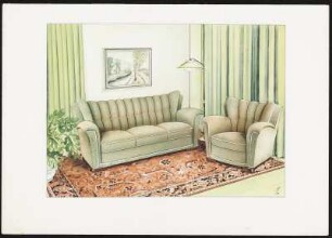 Sitzecke. Sofa, Dreisitzer, gesteppt mit Zierknöpfen, Sessel, Stehlampe, Deko