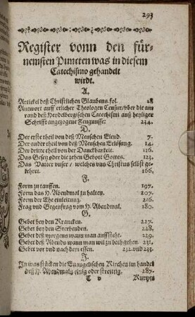 Register vonn den fürnemsten Puncten was in diesem Catechismo gehandelt wirdt.