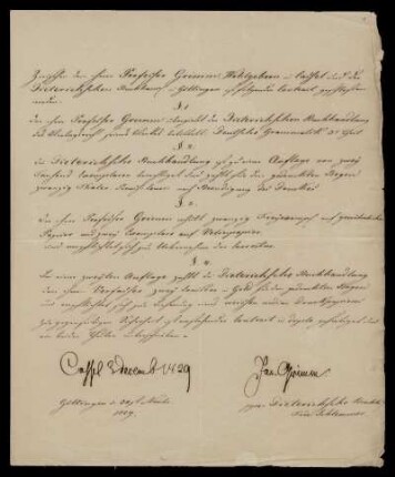 Vertrag zwischen der Dieterichschen Buchhandlung und Jacob Grimm vom 30.11. bzw. 3.12.1829 über die "Deutsche Grammatik", 3. Teil