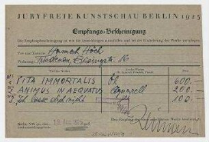 Juryfreie Kunstschau Berlin 1925. Empfangsbescheinigung für Hannah Höch.