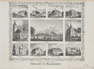 Ansicht von Rötha, Lithographie, 1850 : Rötha und seine Hauptgebäude / n. d. Nat. gez. v. G. Täubert. - Dresden : H. Schmidt ; Dresden : Ketzschau , [ca. 1850]. - 11 Ansichten auf 1 Kunstbl. : Lithogr. ; 30 x 24 cm