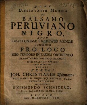 Dissertatio Medica De Balsamo Peruviano Nigro