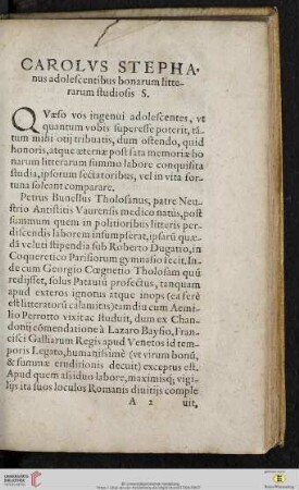 Carolvs Stephanus adolescentibus bonarum litterarum studiosis S.
