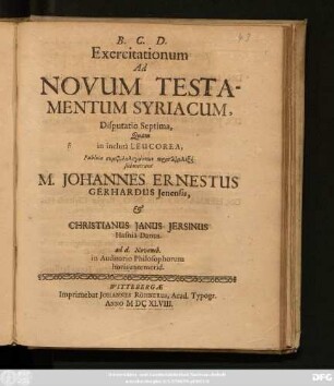 7: Exercitationum Ad Novum Testamentum Syriacum, Disputatio ...