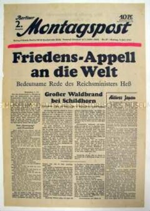 Titelblatt der Wochenzeitung "Berliner Montagspost" zur Rede von Heß über die "Friedenspolitik" der Hitler-Regierung
