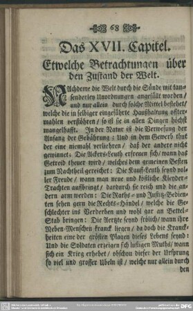 Das XVII. Capitel. Etwelche Betrachtungen über den Zustand der Welt