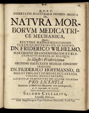 Dissertatio Inauguralis Physico-Medica De Natura Morborum Medica Trice Mechanica