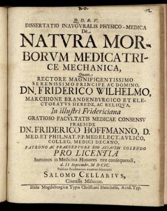 Dissertatio Inauguralis Physico-Medica De Natura Morborum Medica Trice Mechanica
