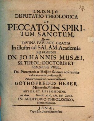 Disputatio Theologica De Peccato In Spiritum Sanctum