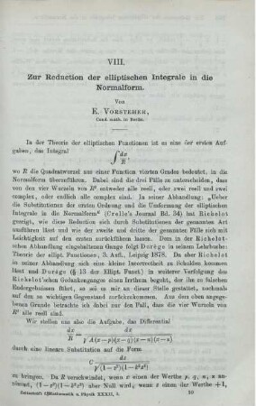 VIII. Zur Reduction der elliptischen Integrale in die Normalform.