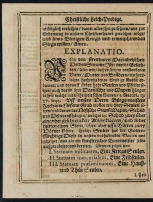 Explanatio. I. [Statuam militarem. Eine Kriegs Seulen.]