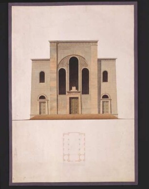 Grund- und Aufriß der Hauptfassade einer Synagoge für Kassel