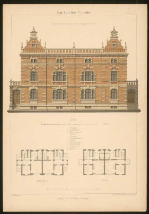 Doppelwohnhaus: Grundrisse und Ansicht (aus: Ein-Familien-Häuser, entworfen und gezeichnet von Hermann Bethke)