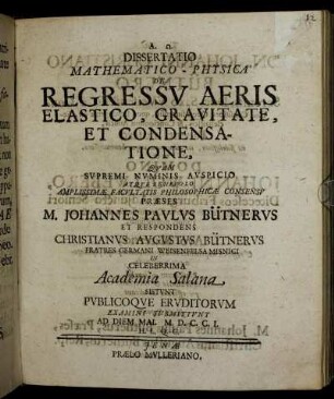 Dissertatio Mathematico-Physica De Regressv Aeris Elastico, Gravitate, Et Condensatione