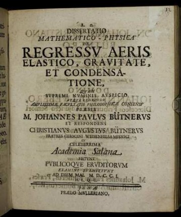 Dissertatio Mathematico-Physica De Regressv Aeris Elastico, Gravitate, Et Condensatione