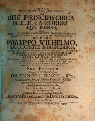 Dissertatio Juridica De Jure Principis Circa Delicta Eorumqve Pœnas
