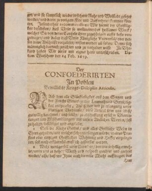Der Confoederirten In Pohlen Bewillichte Kriegs-Disciplin Articuln.
