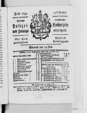22tes Stück., Ausgabe vom 29. Mai 1793